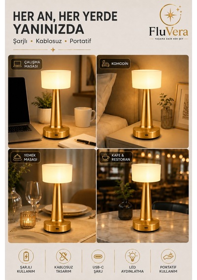 Gold Şarjlı Led Masa Lambası Kablosuz Dokunmatik Taşınabilir Dekoratif Gece Lambası Usb-c Altın
