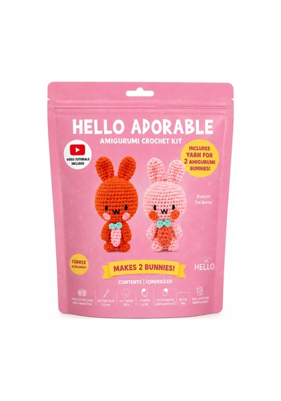 Bakgelal Hello Adorable Tavşan Dostlar Amigurumi Yapım Seti 2 Tavşan Figürü, Tığ Ve İplik Dahil