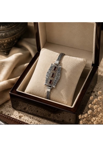 Simurg Jewellery 925 Ayar Gümüş Kırmızı Taşlı Erkek Bileklik