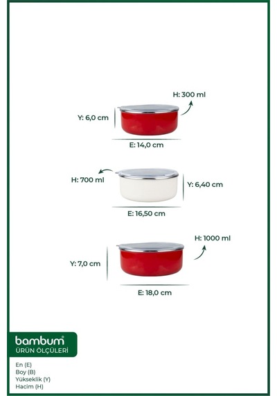 Bambum Lumino 3 Lü Emaye Saklama Kabı Kırmızı B7688 300+700+1000ml