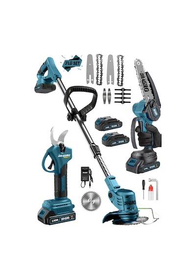 Dragro DRG-2M 3'lü Bahçe Seti Otomatik Yağlı Testere + Dal Kesme Makası + Akülü Tırpan