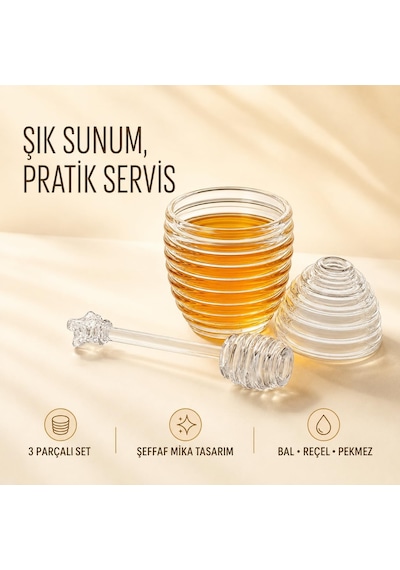 Kovan Şekilli Kaşıklı Bal Kavanozu, Kristal Görünümlü Mika Plastik Bal Ve Reçel Sunum Kabı, Kapaklı 3 Parça Şeffaf Set
