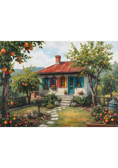 Nova Puzzle 1000 Parça Meyve Ağaçlı Köy Evi Puzzle - Taş Ev