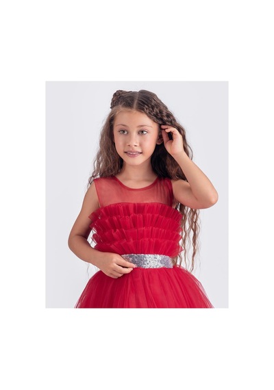 Mnk Baby & Kids Sapes Model Sırt Gipeli Tüllü Kız Çocuk Askılı Saten Abiye Mnk0618 Kırmızı