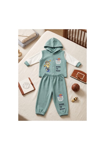 Deniva Kids Erkek Bebek Mint Yeşili Kapüşonlu Yelek Görünümlü Baskılı Eşofman Takımı Alt Üst 2'li Takım