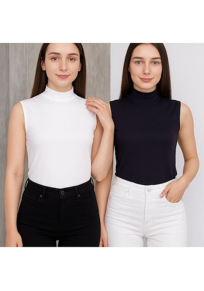 Hashtag Kadın Balıkçı Yaka Sıfır Kol Body 2'li Set Viskon Kumaş Beyaz