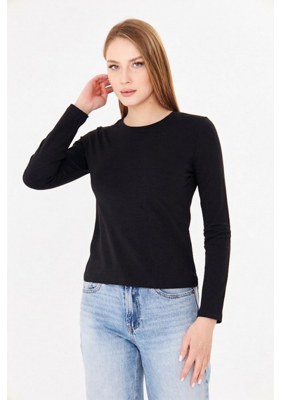 Sortie Collection Bisiklet Yaka Pamuklu Uzun Kollu Basic Penye Tişört Bluz Siyah