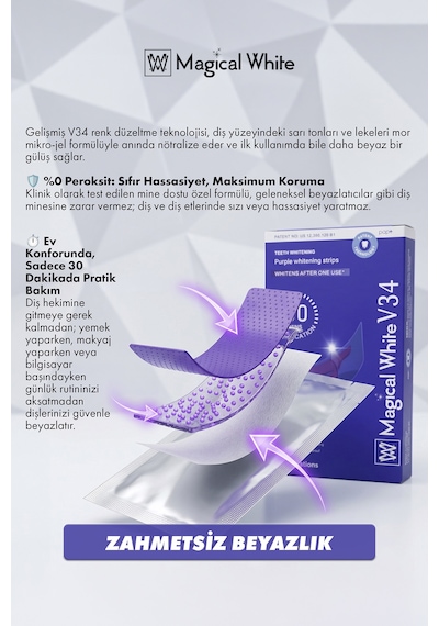 V34 Mor Diş Beyazlatma Bandı - Sarılık Karşıtı Renk Düzeltici Diş Beyazlatıcı Şerit Seti 7 Paket/14 Adet