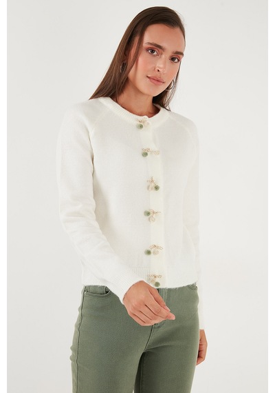 Lela Premium Regular Fit Bisiklet Yaka Fiyonk Detaylı Bayan Hırka 6802939 Ekru