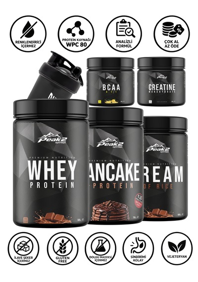 Full Paket 3: Whey Protein 500 Gr Çikolata+ Kreatin Monohidrat 300 Gr Aromasız + Bcaa 300 Gr Limon+ Cream Of Rice 1 Kg Çikolata + Protein Pancake 750 Gr Çikolata + Shaker