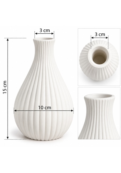 Yivli Beyaz Dekoratif Vazo Modern Kuru Çiçeklik, Salon Ve Ev Dekorasyonu 15 Cm