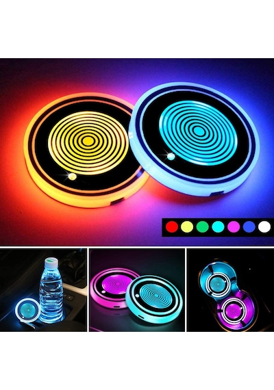Geeksen Paket Led Araba Bardak Tutucu Işıkları 7 Renk Değiştiren Aksesuarları Bardak Altlığı Işığı