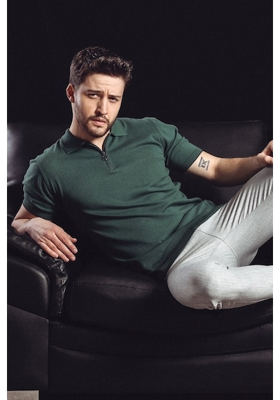 Ferraro Yeşil Polo Yaka Fermuarlı Erkek Pamuk Triko T-Shirt-Yeşil (417942963) Yeşil