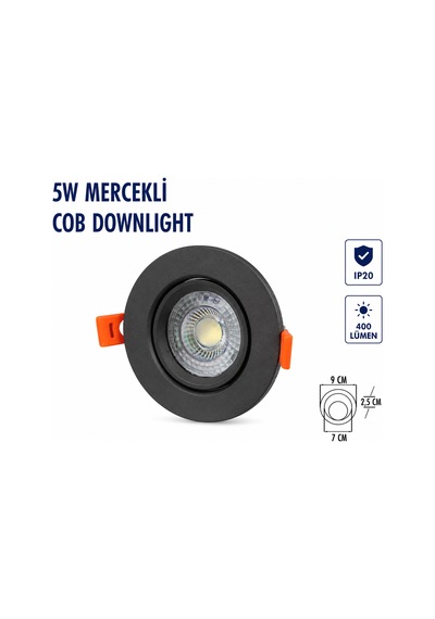 Lampist 5w Siyah Kasa Mercekli Yuvarlak Cob Downlıght 3000k