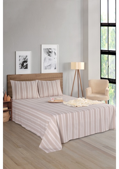 Eponj Home Sport Çizgili Çarşaf + Yastık Kılıfı Seti Tek Kişilik Soft Line Bej Bej