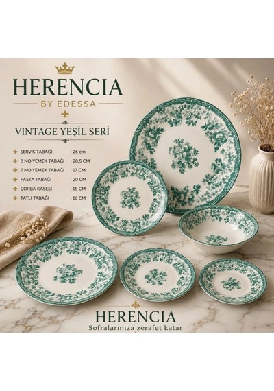 Herencia Vintage Yeşil Seri Porselen Sofra Takımı Beyaz