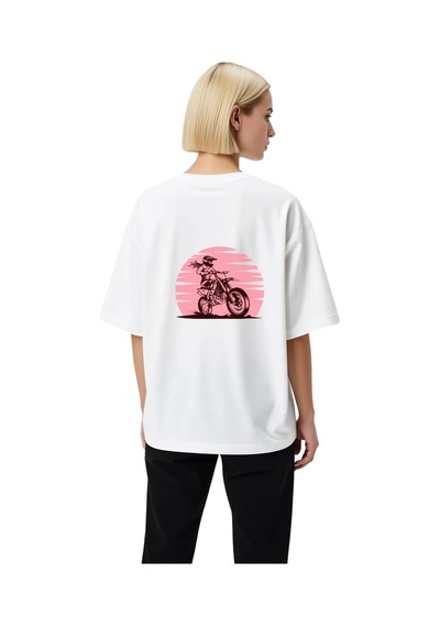 Paybuy Kadın Oversize Motokros Pilot Baskılı Kısa Kollu Tişört %100 Pamu