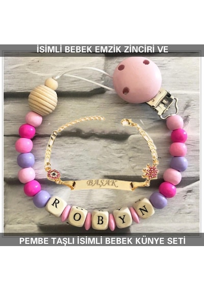 Sahi Aksesuar İsimli Bebek Emzik Zinciri ve İsimli Bebek Künye Seti BEZYI302 Pembe