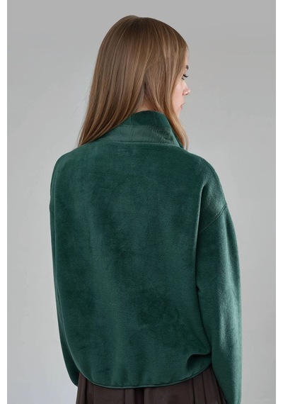 Hiccup Busem Fermuarlı Yakalı Peluş Örme Sweatshirt, Cepli Çam Yeşili