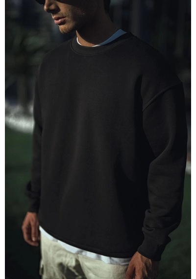 Barlashive Erkek Pamuklu Bisiklet Yaka 3 İplik Basic Sweatshirt - Siyah Çok Renkli