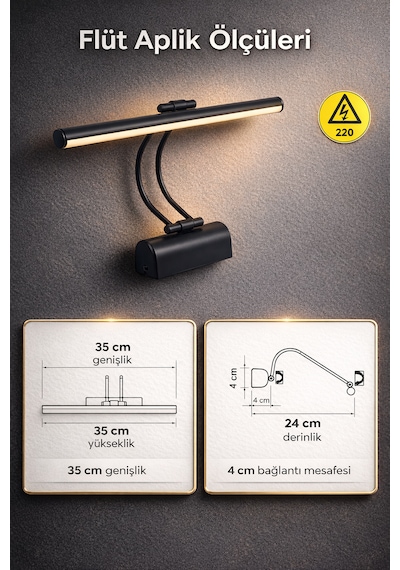 Merwish 35 Cm Flüt Led Aplik 3200k Sarı Işık Kablolu Duvar Apliği 220v Elektrik Bağlantılı Modern Tasarım Siyah