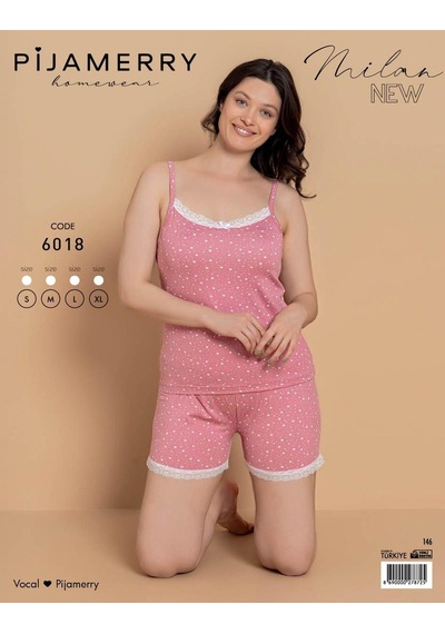Pijamerry Kadın İp Askılı Milan Kumaş Likralı Şortlu Pijama Takımı 6018 - 1 Adet Pembe