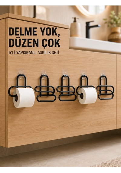 Siyah Metal Tuvalet Kağıdı Tutucu 5 Li Set Yapışkanlı Duvar Tipi Banyo Wc Askısı Diğer