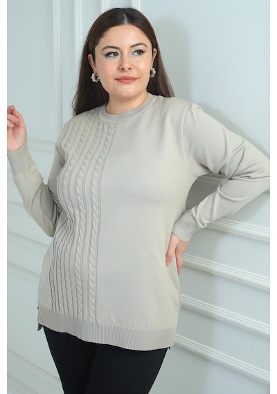 By Saygı Kadın Tek Taraf Saç Örgülü Büyük Beden Likralı Tunik Bluz-41838 Taş