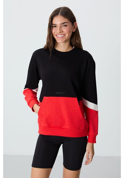 Tommy Life Siyah Kompakt Pamuklu Kalın Pürüzsüz Dokulu O Yaka Oversize Fit Kadın Sweatshirt - 97289 Siyah