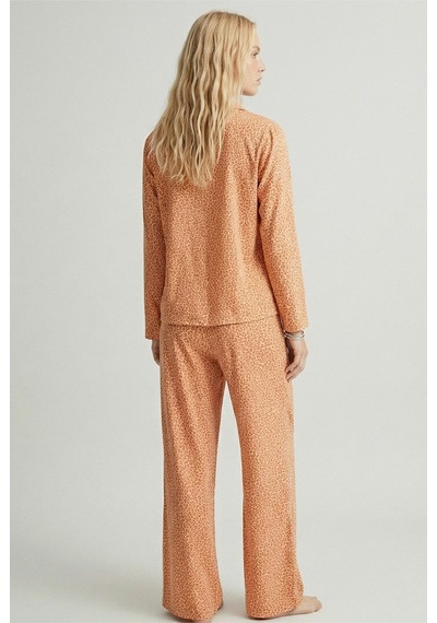 Siyah İnci Somon Leopar Baskılı Düğmeli Örme Pijama Takım 7611