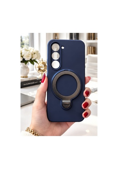 Tecno Spark 40 Pro İle Uyumlu 360 Derece Dönebilen Kalın Metal Magsafe Halka Stantlı İçi Kadife Korumalı Ultra Lüx Premium Silikon Kılıf Lacivert