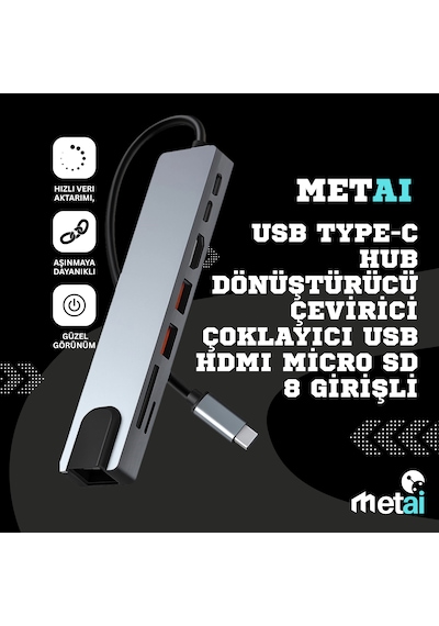 8'in 1 Usb Type-c Hub Çoklu Bağlantı İstasyonu Hdmı 4k, Rj45 Ethernet Usb 3.0, Pd Sd/tf Kart Okuyucu