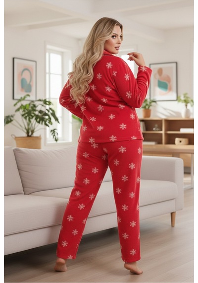 Siyah İnci Yılbaşı Temalı Nakışlı Kar Tanesi Desenli Büyük Beden Polar Kışlık Örme Pijama Takım Kırmızı