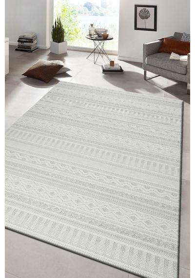 Modern Geometrik Tasarımlı Jüt Dokuma Loop Sisal Gri Renk Halı Gri