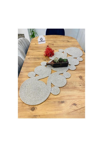 Jüt, Hasır,sarmal Model, Dekoratif Masa Örtüsü, Runner 40x110 Cm, Sehpa Örtüsü, Bohem Tarzı Taş Taş