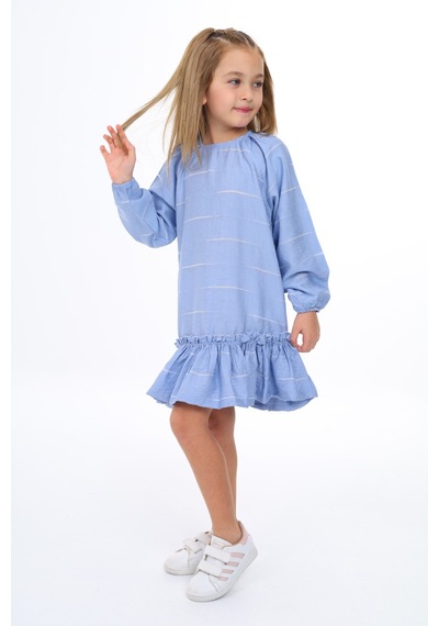 Toontoy Kız Çocuk Baskılı Relax Fit Bisiklet Yaka Reglan Uzun Kollu Volanlı Elbise - Mavi