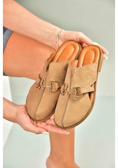 Fox Shoes U944150403 Vizon Hakiki Deri Önü Kapalı Kadın Terlik Vizon-hakiki Deri