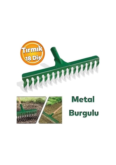 Metal Tırmık Burgulu Bahçe Tarla Tırmığı 18 Diş Çim Peyzaj Yaprak Ot Saman Temizleme Toprak İşleme Alet