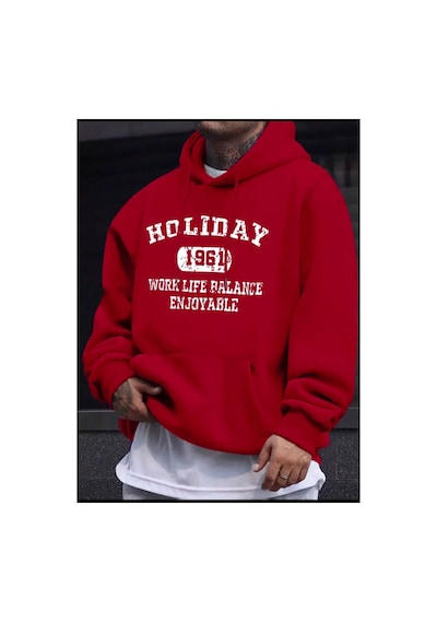Medinenur Holiday Baskılı Kapüşonlu Sweatshirt Kırmızı