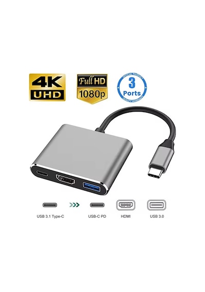 3in1 Type-c To 4k Hdmı - Usb 3.0 - Type-c Pd Şarj- Çevirici 4k Dö