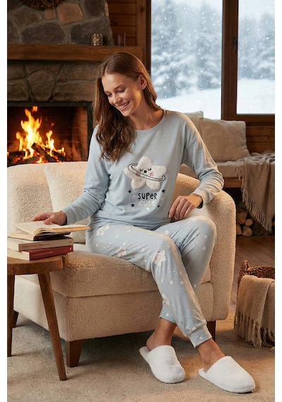 Lela Streç Standart Fit Bisiklet Yaka Desenli Bayan Pijama Takımı 6095700 Açık Gri