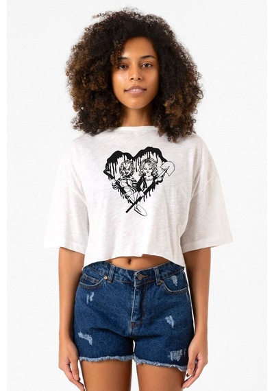 Chucky And Bride Horror Beyaz Kırçıllı Kadın Crop Tshirt Beyaz