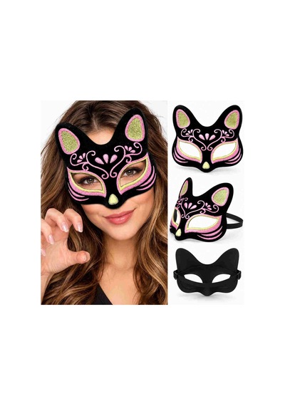 Kadife Dokulu Siyah Kedi Maskesi Pembe Sarı Simli Desenli Balo Aksesuarı Kulaklı Maske Hatıra Eşyası "