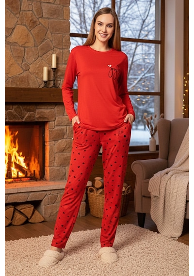 Remsa Kadın Kalp Desen Saphire Pijama Takımı 0534 Kırmızı Kırmızı