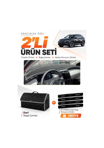 E-biz Hyundai Tucson 2021-2024 Uyumlu Torpido Örtüsü + Deri Bagaj Çantası Seti - Siyah-gri - Hu037