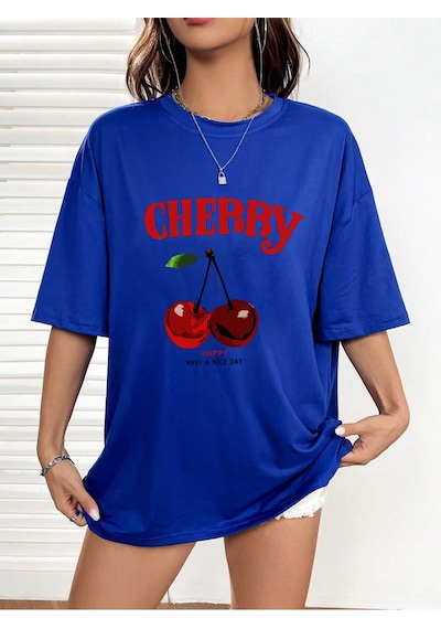 Uyguntarz Unisex Happy Cherry Tasarım Basklı Tshirt Mavi