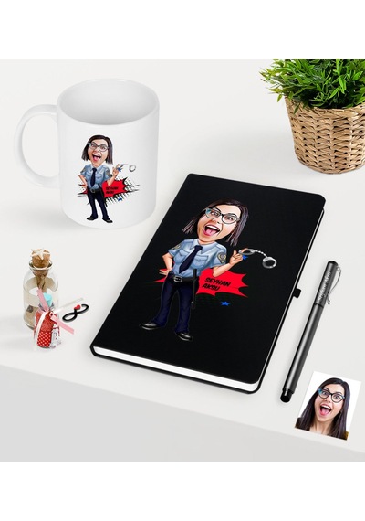 Kişiye Özel Kadın Polis Karikatürlü Siyah Defter Kalem Kupa Seti Siyah