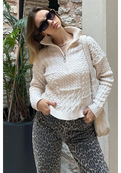Madmext Ekru Dik Yaka Fermuar Detaylı Örme Kazak Mg2229 Ekru