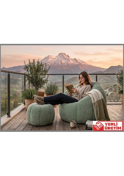 Herev Puf/ Tekli Puf Berjer / Baba Koltuğu / Papatya Modelli Kadife Kumaşlı Puf Takımı Açık Yeşil