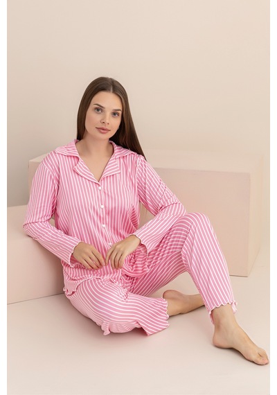 Rindahomewear Kadın Milan Örme Pembe Çizgi Desenli Uzun Kol Kadın Düğmeli Pijama Takımı Pembe1